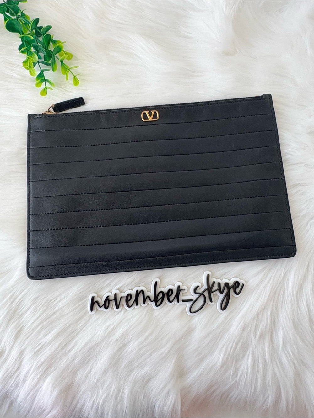 Valentino Garavani Black Quilted Leather Pouch with Gold Logo